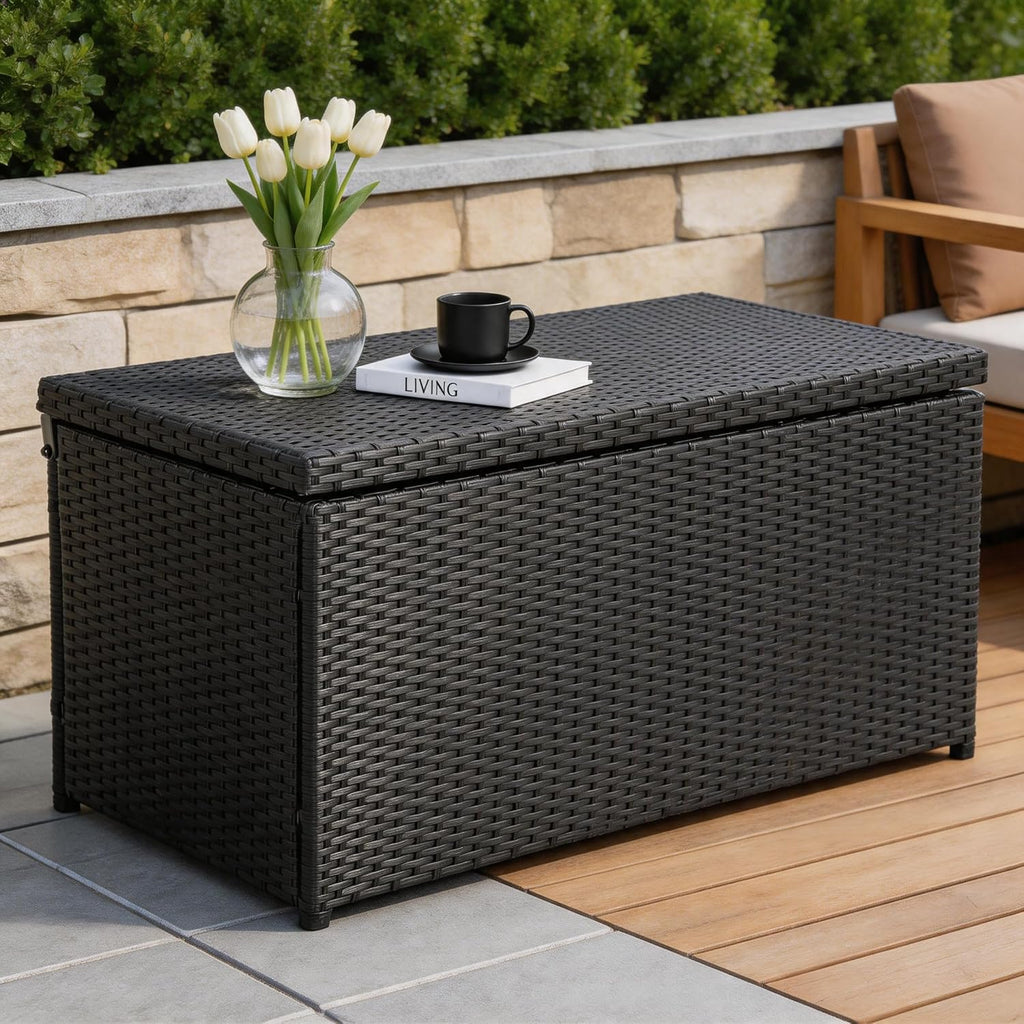 Sundale 70 Gallon Black Rattan Deck Storage Box with Hinged Lid