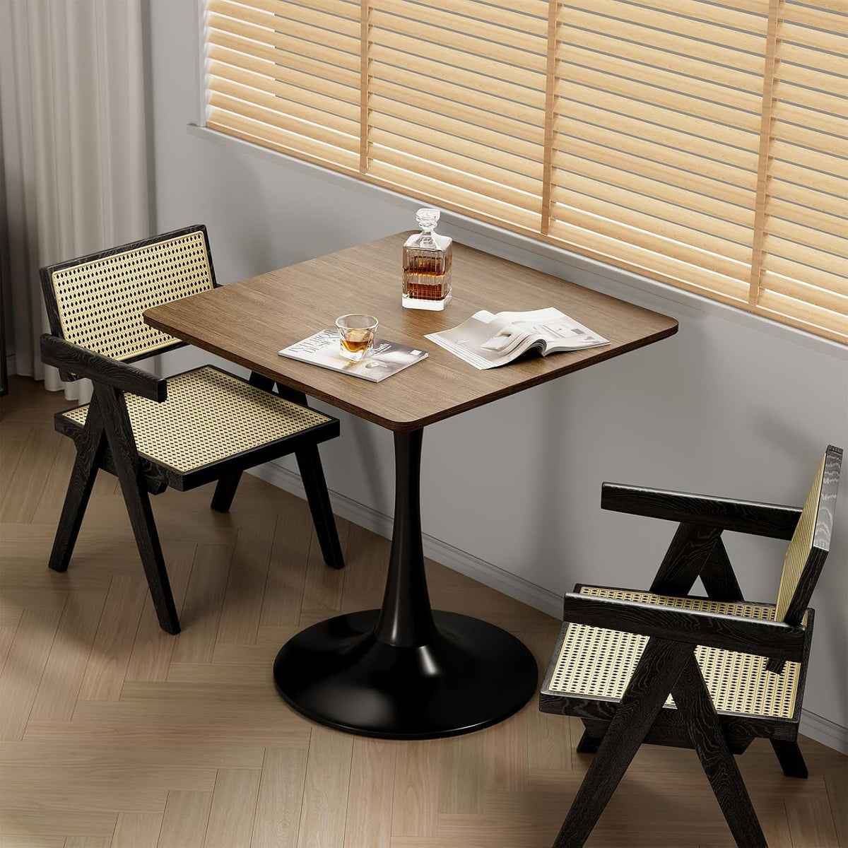 Walnut Square Tulip Table for 2, 24 Inch Small Dining Table with Pedestal