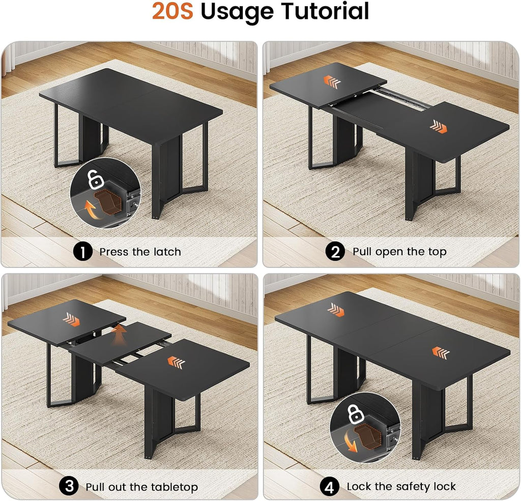 Itaar 5-Piece Dining Table Set for 4-6 People, 63" Extendable Kitchen Table and 4 Cushion Chairs, Dining Room Table with MDF Board & Metal Frame for Small Space, Easy Clean, Black