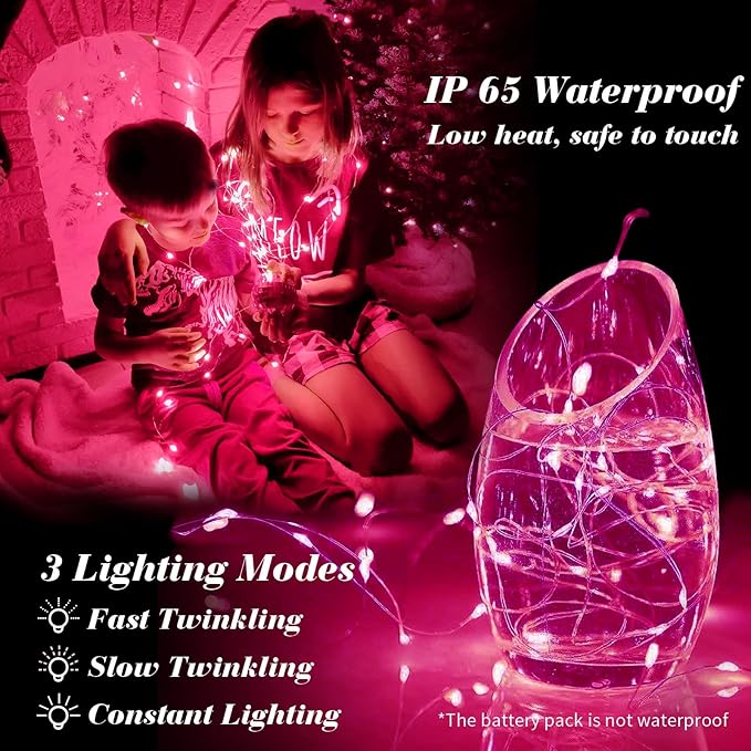 ZGWJ 50 Pack Fairy Lights Battery Operated, 7ft 20 Mini LED Fairy String Lights Silver Wire 3 Modes for DIY, Parties, Wedding, Bedroom, Halloween Christmas Decoration Pink