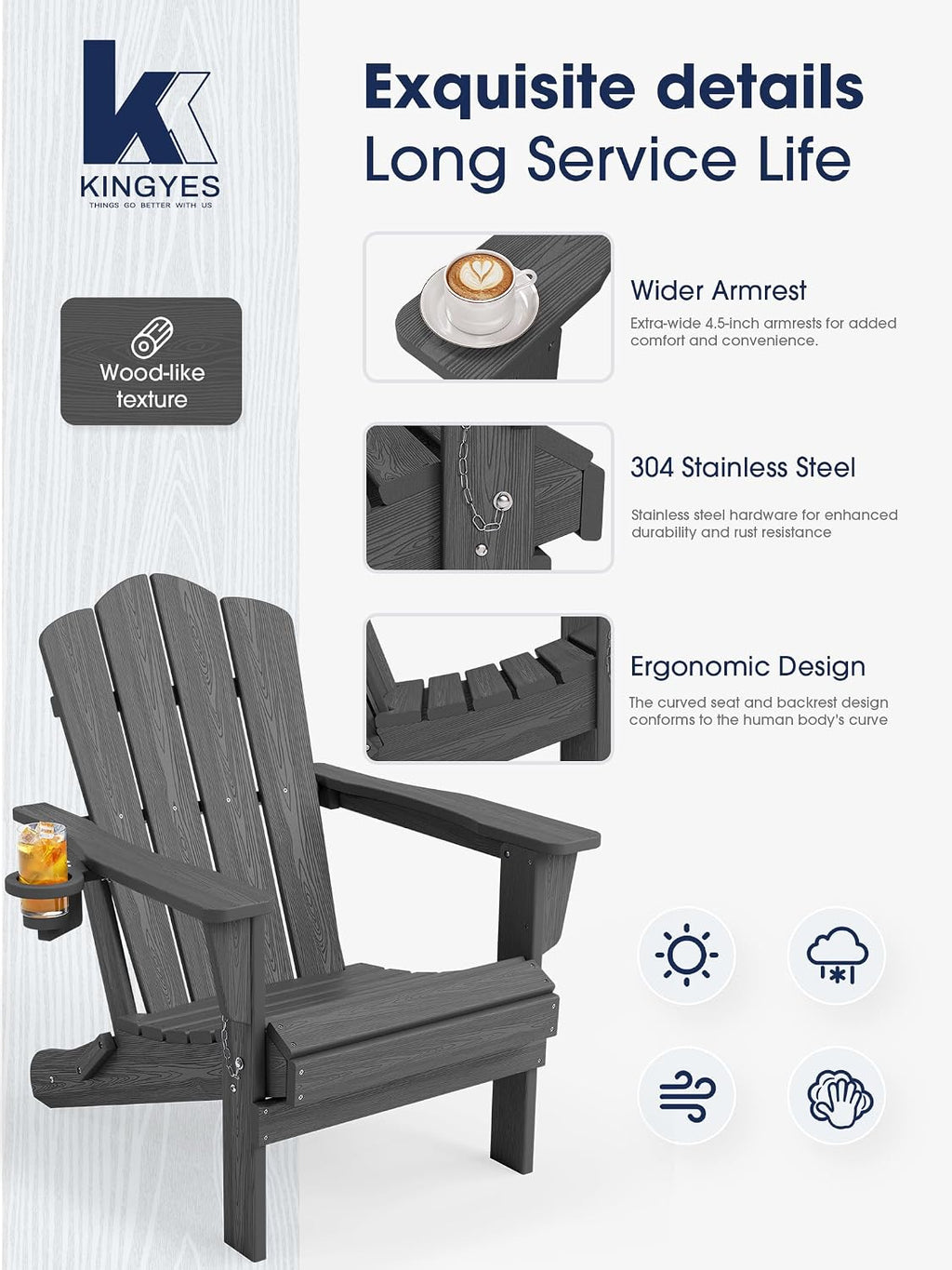 KINGYES Folding Adirondack Chair Set of 2 with Cup Holder, Grey
