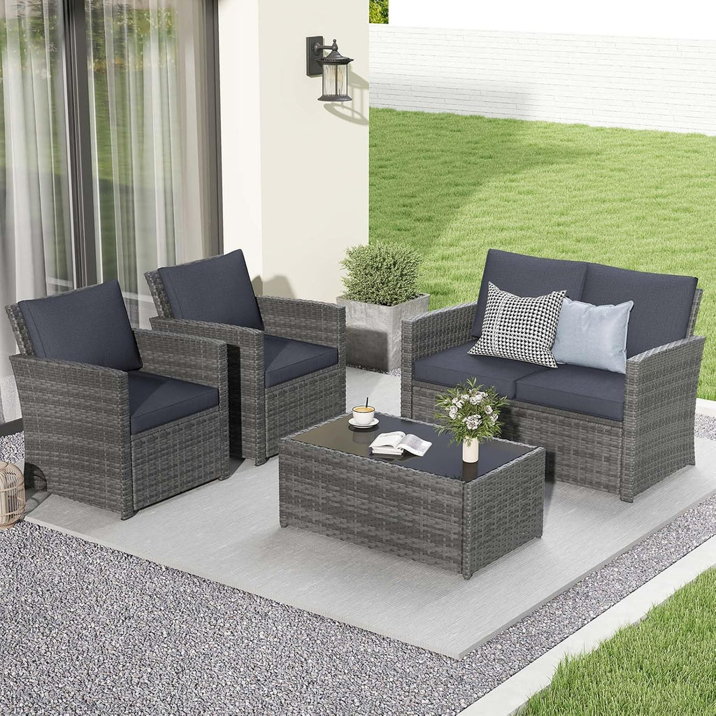 JOIVI 4 Piece Patio Furniture Set, Wicker Patio Conversation Set, Dark Gray