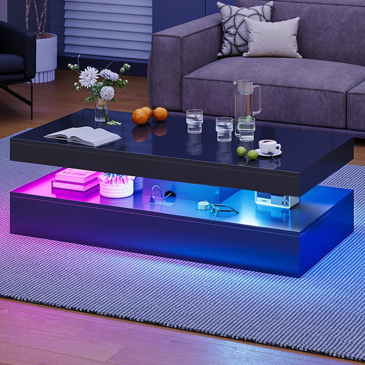 47" High-Glossy LED Coffee Table with 2 Sliding Drawers,Black