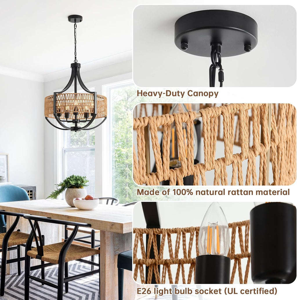20" Rattan Chandelier, 5-Light Black Farmhouse Pendant Light