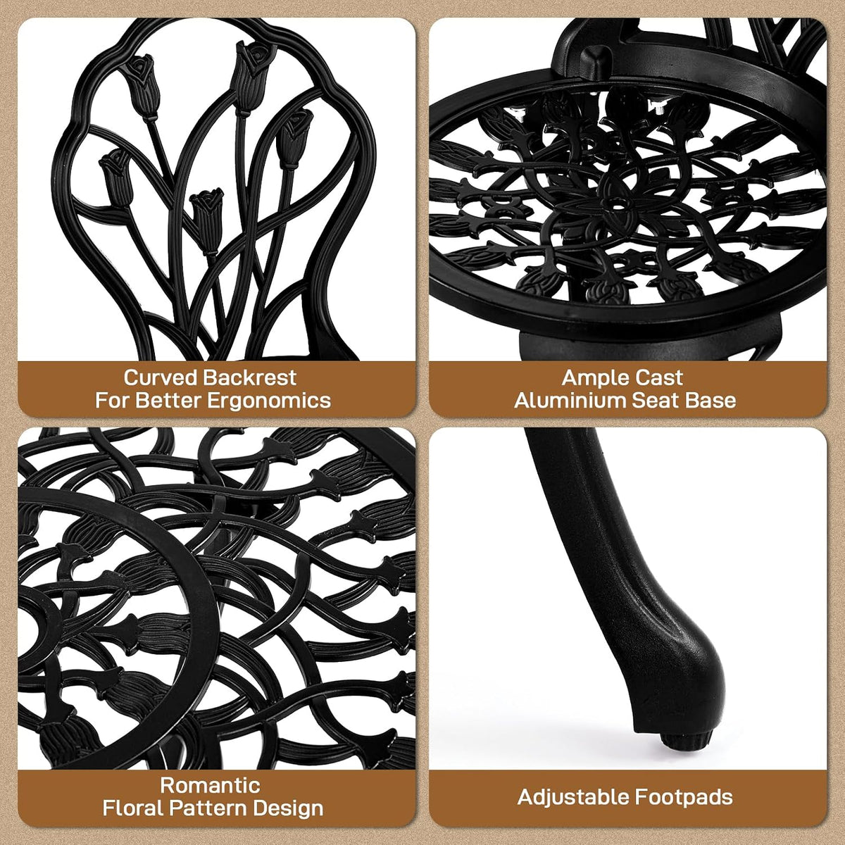 outvita 3 piece cast aluminum bistro set, tulip, close-up detail