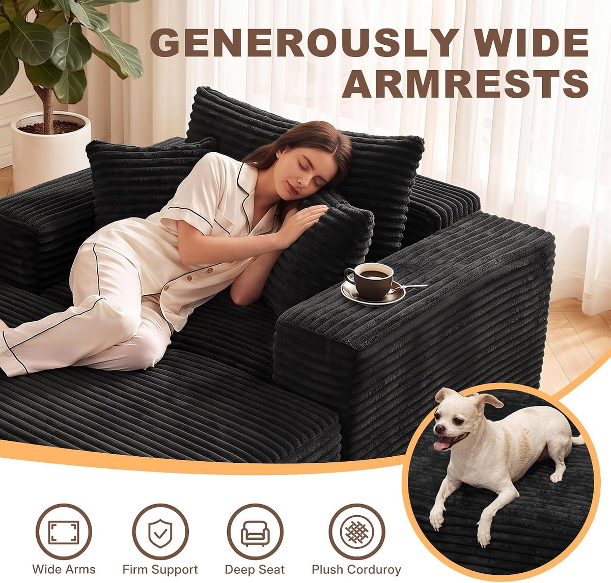 Busaurus 60'' Oversized Chaise Lounge Chair Indoor with Ottoman, Convertible Boneless Sofa Bed & Corduroy Reading Chair for Living Room & Bedroom, No Assembly Required