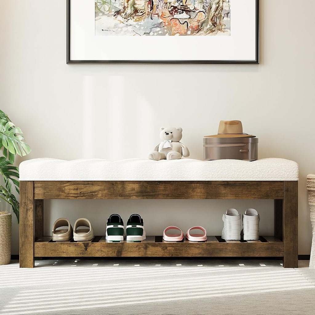 47.2" Upholstered Ottoman Bench with Wood Storage Shelf