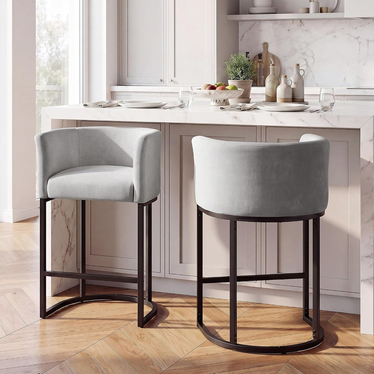 GRUSIGN Chenille Counter Height Bar Stools Set of 2, 26" Kitchen Island Stools with Arms & Footrest, Upholstered Barrel Back Bar Chairs for Kitchen, Dining Room, Bar & Lounge Area, Grey