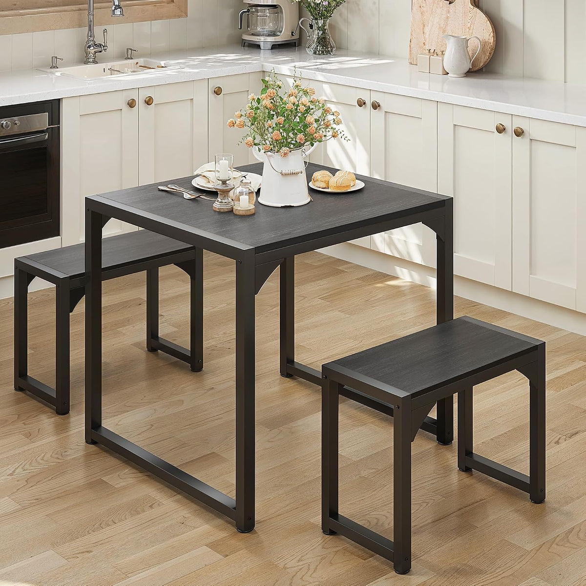 Gizoon Square Dining Table Set for 2, Kitchen Table with 2 Benches Black