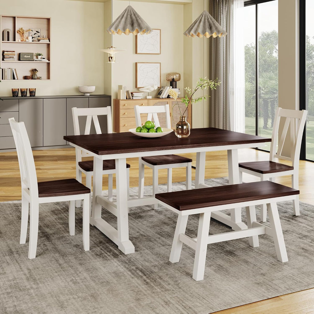 Harper & Bright Designs 6-Piece Dining Set, Farmhouse Style Wood Dining Table and 4 Dining Chairs & Long Bench, Kitchen Table Set, Walnut+White
