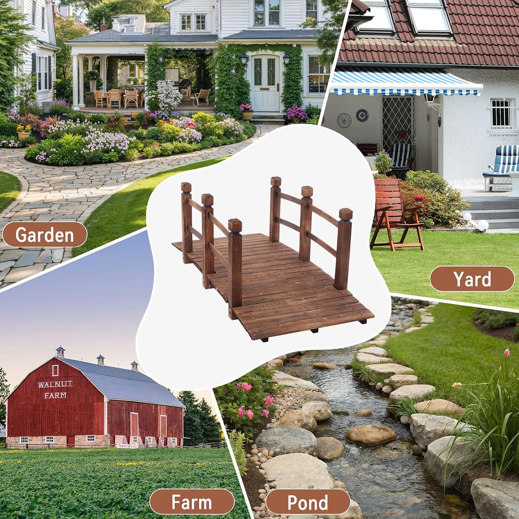 Outvita 5FT Stained Wooden Garden Footbridge with Safety Railings
