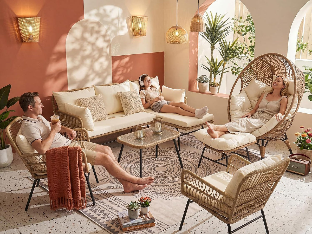 NICESOUL 6 Pcs Boho Outdoor Patio Furniture Set with Egg Chair, L-Shaped Sectional Sofa with Thicken Cushions, Wicker Conversation Couch with Side Table for Garden Balcony Deck, Beige