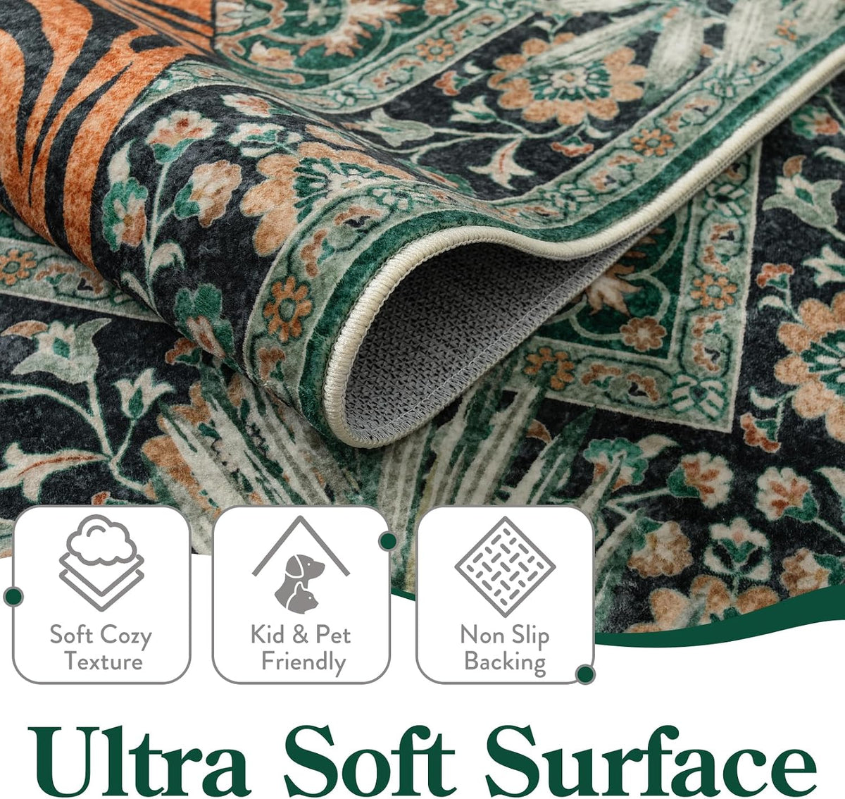 Moynesa Tiger 6x9 Area Rugs for Living Room, Boho Botanical Washable Dining Room Rug Non Slip Large Green Bedroom Rug, Ultra Thin Vintage Soft Indoor Floor Carpet for Home Office Entrance