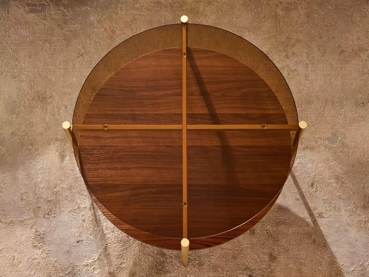Shrine Round Glass Coffee Table, Mid-Century Modern Design, D30 x H17 in, 2-Tier Structure, Amber Glass Top and Walnut MDF Shelf, Sleek Conical Metal Legs with Gold Finish