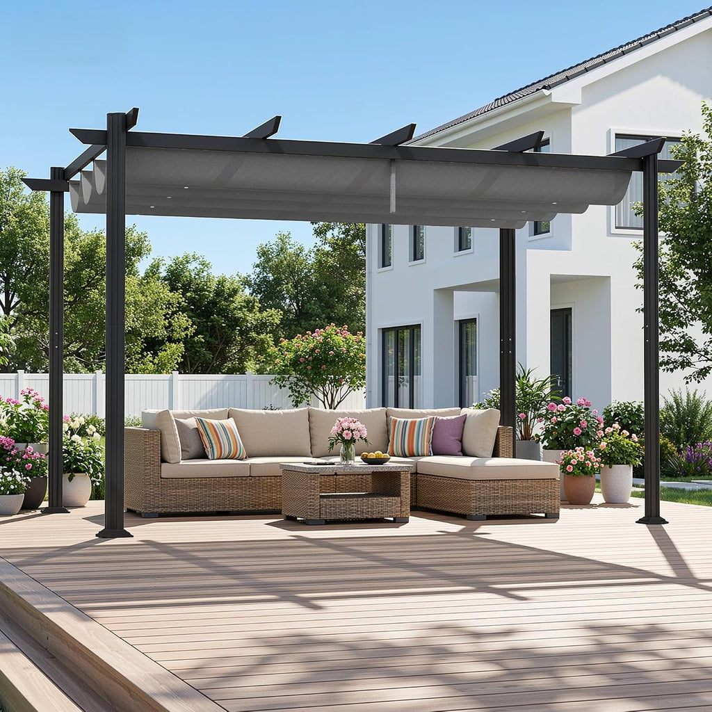 Ahomly 12 X 8 Outdoor Retractable Pergola, Adjustable Shade Canopy, Gray