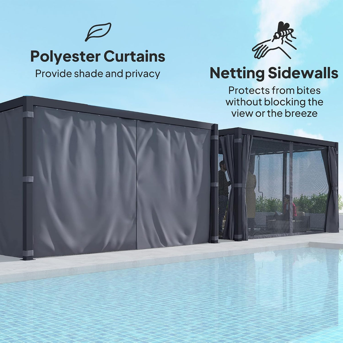Outsunny 10 x 13 ft. Louvered Pergola Hardtop Gazebo w/Curtains Dark Gray