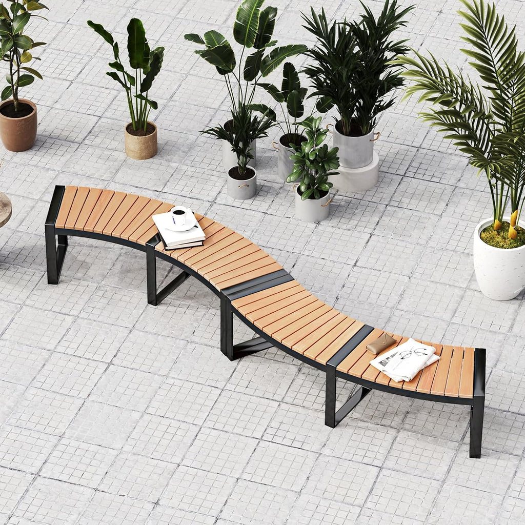 Tangkula Patio Curved Bench, Acacia Wood Fire Pit Bench w/Slatted Seat & Metal Legs, Outdoor Backless 2-Person Seating for Yard, Garden, Porch, 800 LBS Max Load, Oil Painted