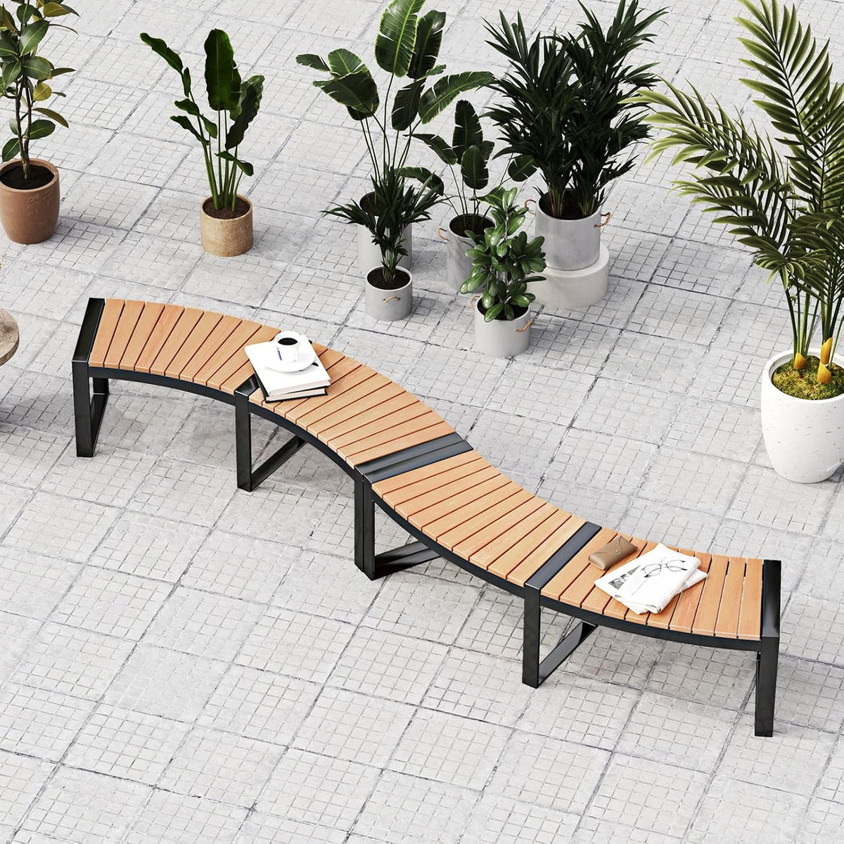 Tangkula Patio Curved Bench, Acacia Wood Fire Pit Bench w/Slatted Seat & Metal Legs, Outdoor Backless 2-Person Seating for Yard, Garden, Porch, 800 LBS Max Load, Oil Painted
