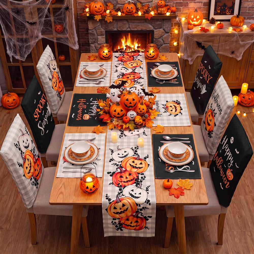 Newtay 13 Pcs Halloween Table Runner Placemats and Dining Chair Cover Set