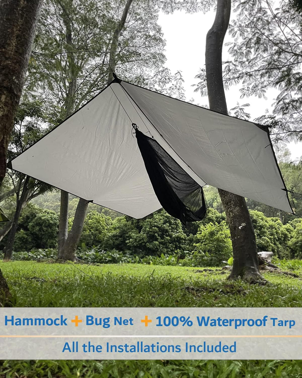 Sunyear Hammock Camping with Rain Fly Tarp and Net, Portable Camping Hammock Double Tree Hammock Outdoor Indoor Backpacking Travel & Survival, 2 Tree Straps,100% Waterproof Black Bundle