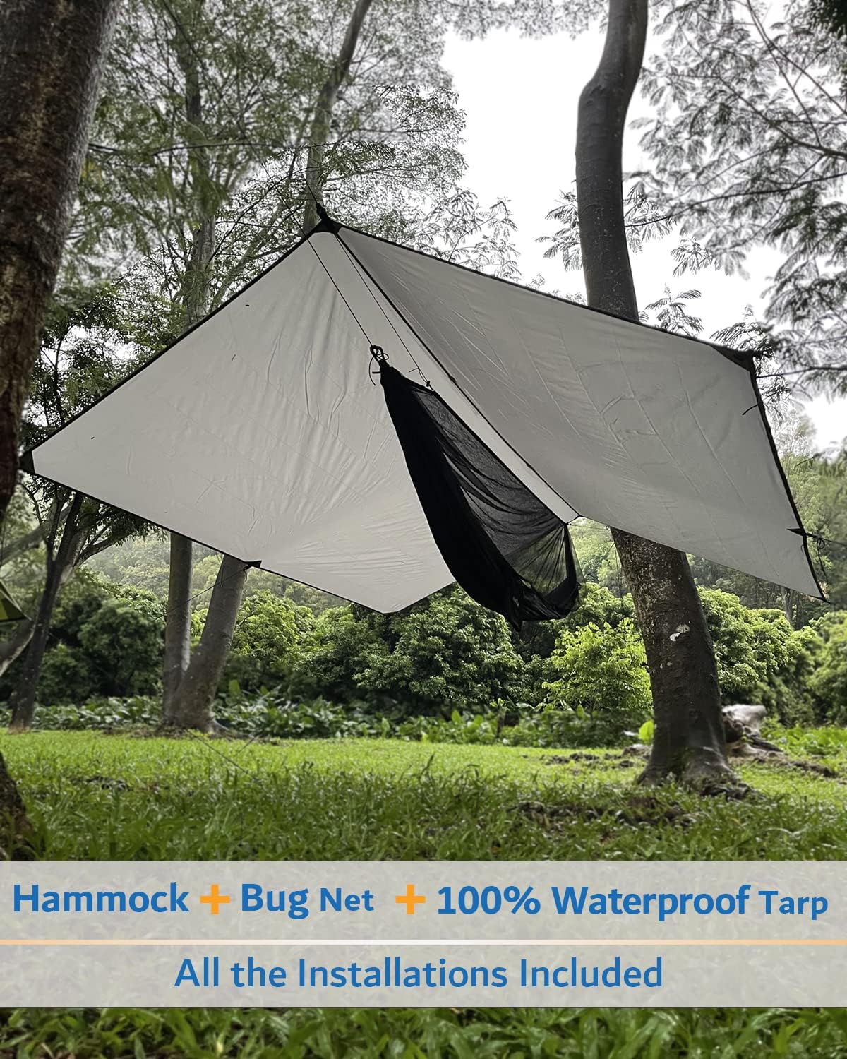 Sunyear Hammock Camping with Rain Fly Tarp and Net, Portable Camping Hammock Double Tree Hammock Outdoor Indoor Backpacking Travel & Survival, 2 Tree Straps,100% Waterproof Black Bundle