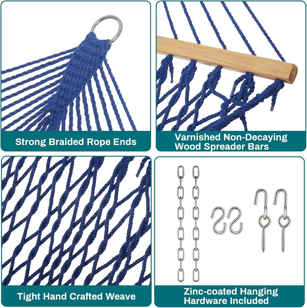 JoyView Traditional Rope Double Hammock - Hand Woven Cotton Hammock with Hardwood Spreader Bar and Pillow 450lb Capacity for Outdoor Indoor Patio Yard - Blue