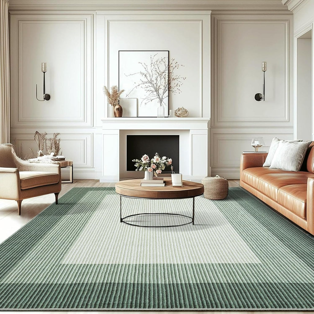GarveeHome Area Rugs 9x12 Living Room Rug, Modern Bordered Machine Washable Rug Large Soft Geometric Carpet for Bedroom Non Slip Stain Resistant Neutral Solid Carpet for Dining Room Farmhouse, Green