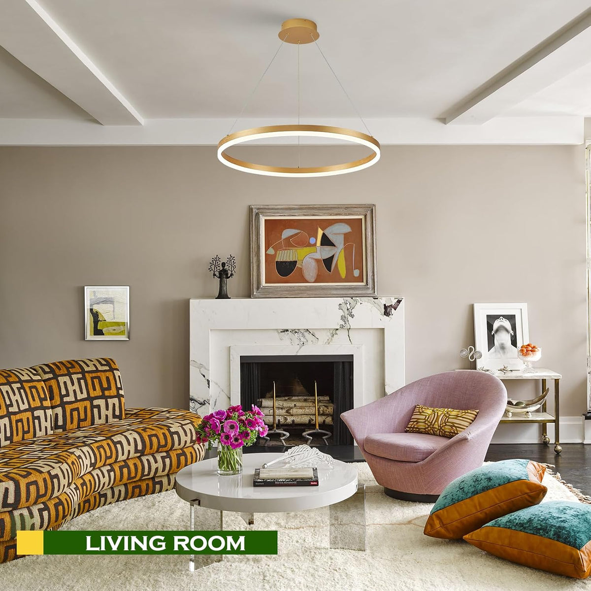 Benkut D24in Modern LED Ring Chandelier Gold Pendant Light with Remote