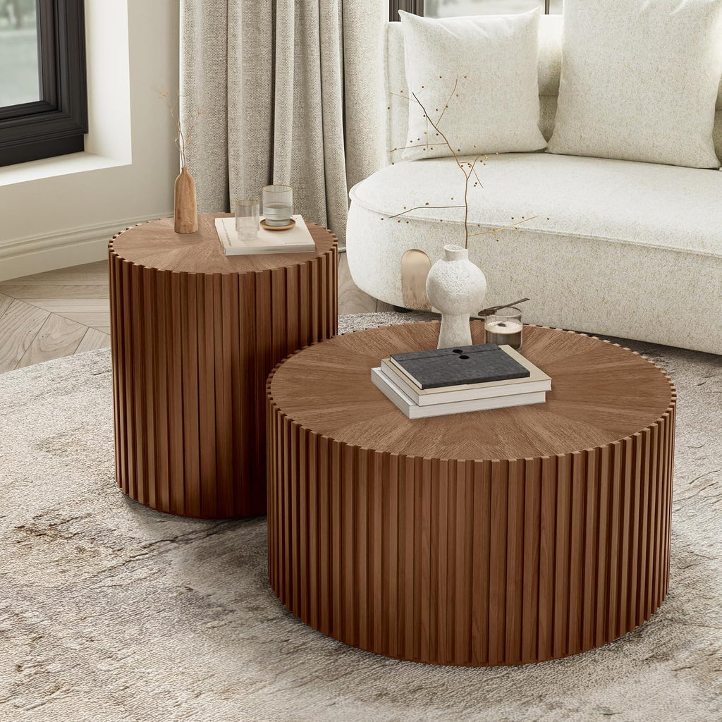 POVISON Round Coffee Side Table, Mid Century Wood End Table, Fluted Side Table for Living Room Bedroom Office, 20.08", Light Walnut