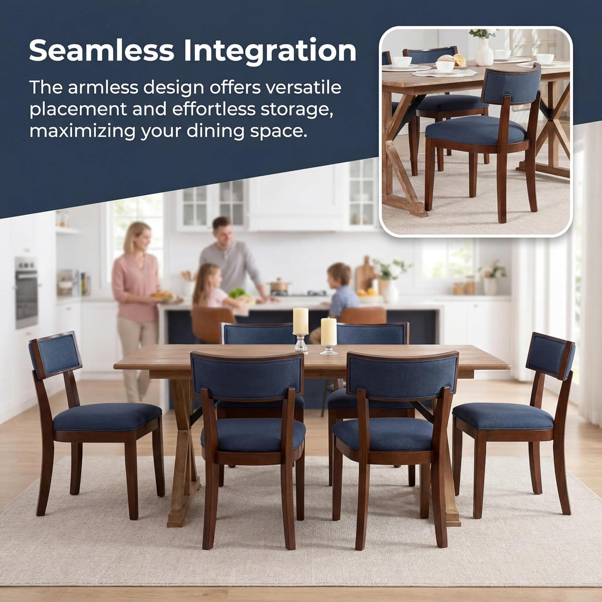Blue Dining Chairs Set of 6, Upholstered Linen Fabric Dining Room Chairs with Curved Backrest, Armless Solid Wood Farmhouse Kitchen Side Chairs for Dining/Living Room, Blue