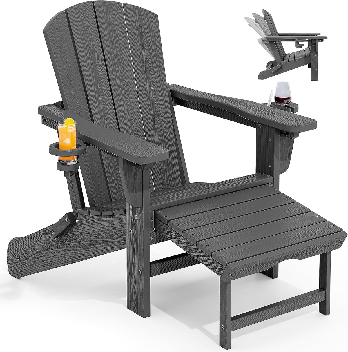 KINGYES Adjustable Folding Adirondack Chairs with Footrest & 2 Cup, HDPE Recliner Adirondack Chair with Ottoman, Grey