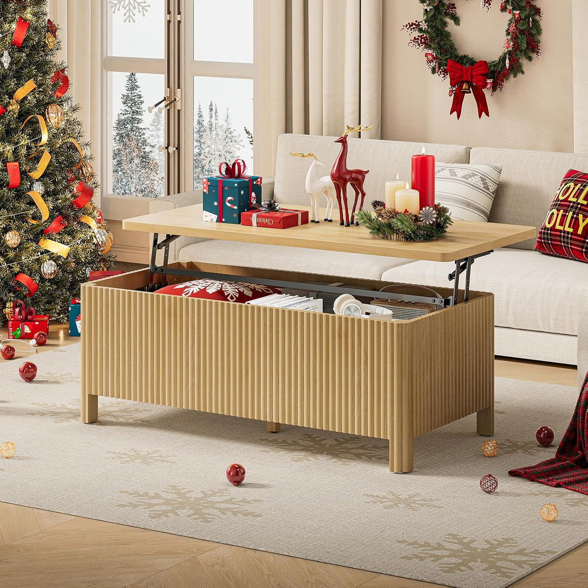 ONBRILL Fluted Lift Top Coffee Table, Mid-Century Modern Coffee Table