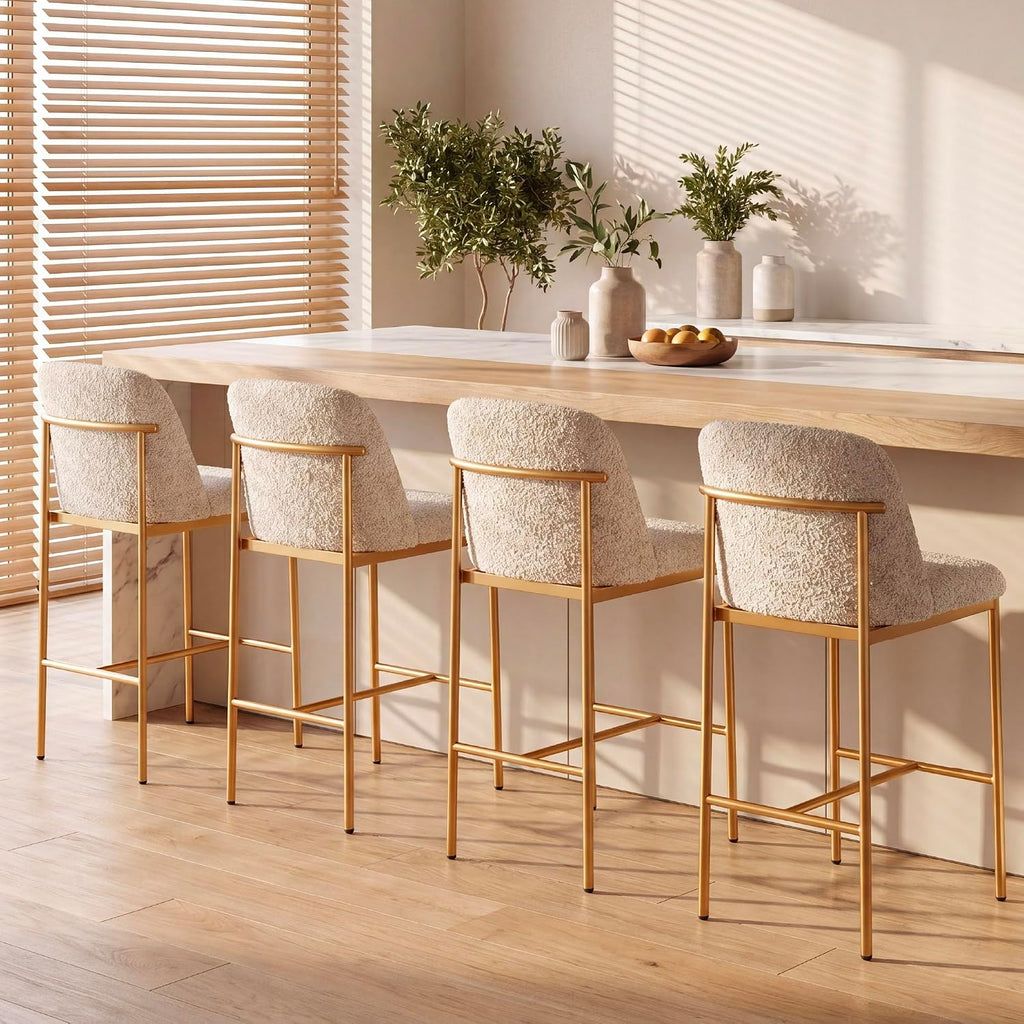 COLAMY Counter Height Bar Stools Set of 4, Modern Tweed Upholstered Kitchen Island Chairs with 3" Thick Cushion and Matte Gold Frame, Luxury 25 Inch Barstools with Back for Home Bar Dining Room, Beige