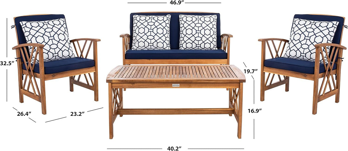 SAFAVIEH Outdoor Collection Fontana Natural/ Navy Blue Cushions/ Geometric Pattern Pillows 4-Piece Conversation Patio Set