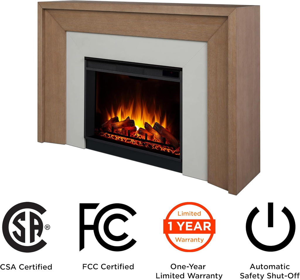 Real Flame Brooks 64” Grand Electric Fireplace with Mantel for Living Room or Bedroom, Replaceable Fireplace Insert Heater, Realistic Log and Flame Effect, Remote Control, Timer (Classic White Oak).