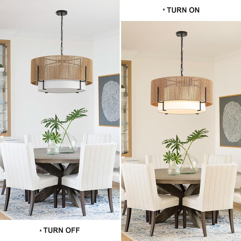 25.6" large rattan chandelier for dining room, 6-light showing dimensions