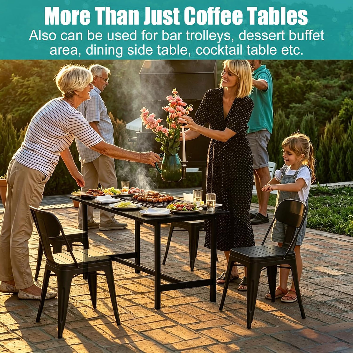 Outdoor Coffee Table, 33.4"L x 17.3"W x 18.1"H Rectangle Weather-Resistant Patio Coffee Table, Metal Heavy-Duty Frame Coffee Side Table, Waterproof for Garden, Porch, Balcony, Deck, Poolside, Black