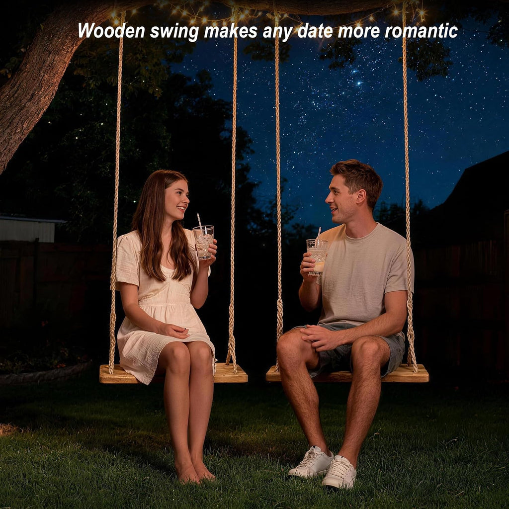 Hanging Wooden Tree Swing with Adjustable Hemp Rope & Extendor Tree Straps