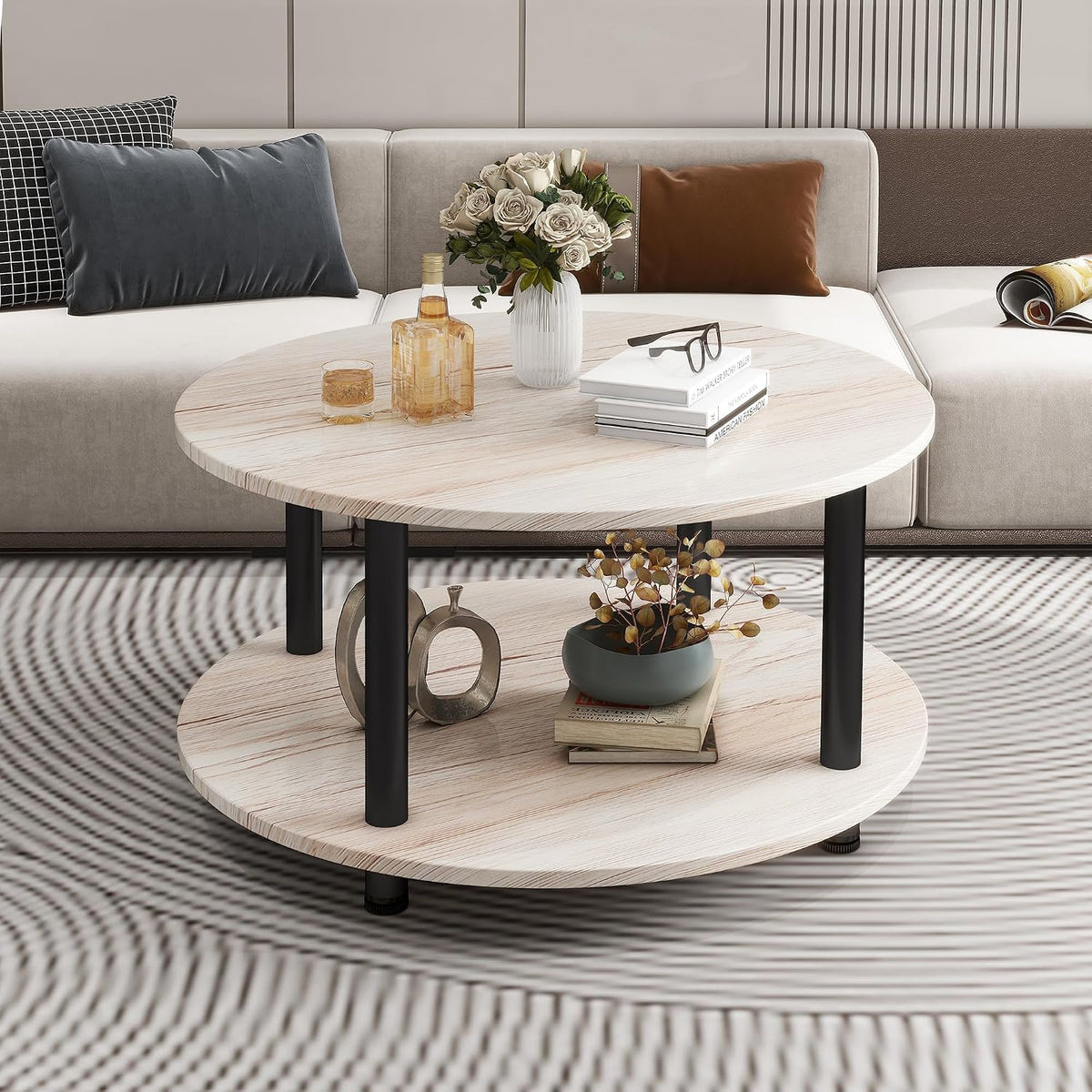 23.6" Round Coffee Table, 2-Tier Small Circle Coffee Table with Storage, Modern Center Accent Table with Metal Frame, Side Table End Table for Small Space, Living Room, Office, Teak Oak