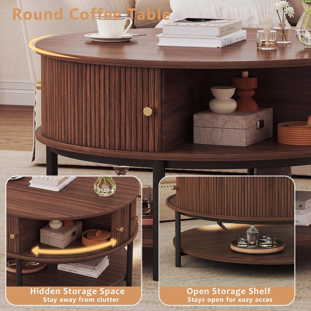 HUAHUU 23.6" Round Coffee Table, 3-Tier Center Table with Storage, Walnut
