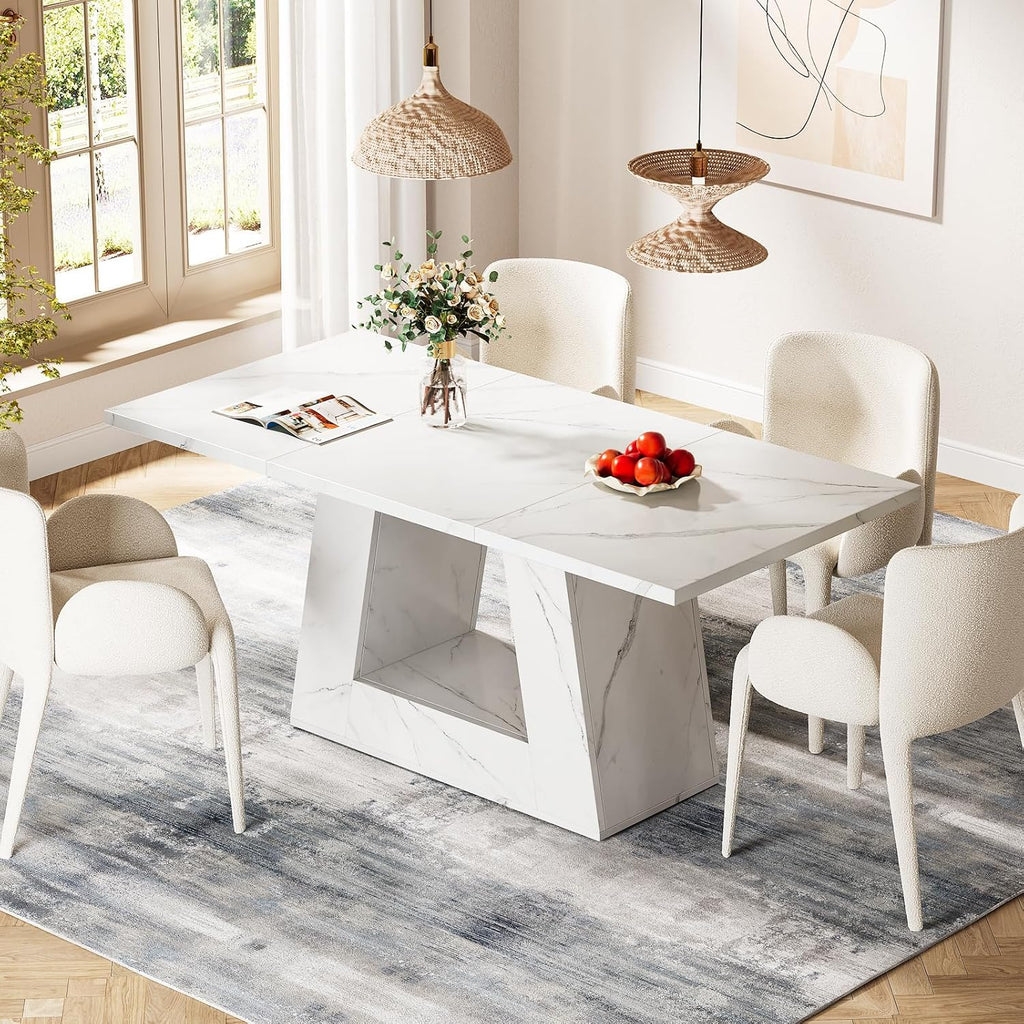 Tribesigns Dining Table for 4 to 6 People, 63" Rectangular Dining Room Table, Modern Wooden Faux Marble Dinner Table with Sturdy Base for Kitchen, Living Room