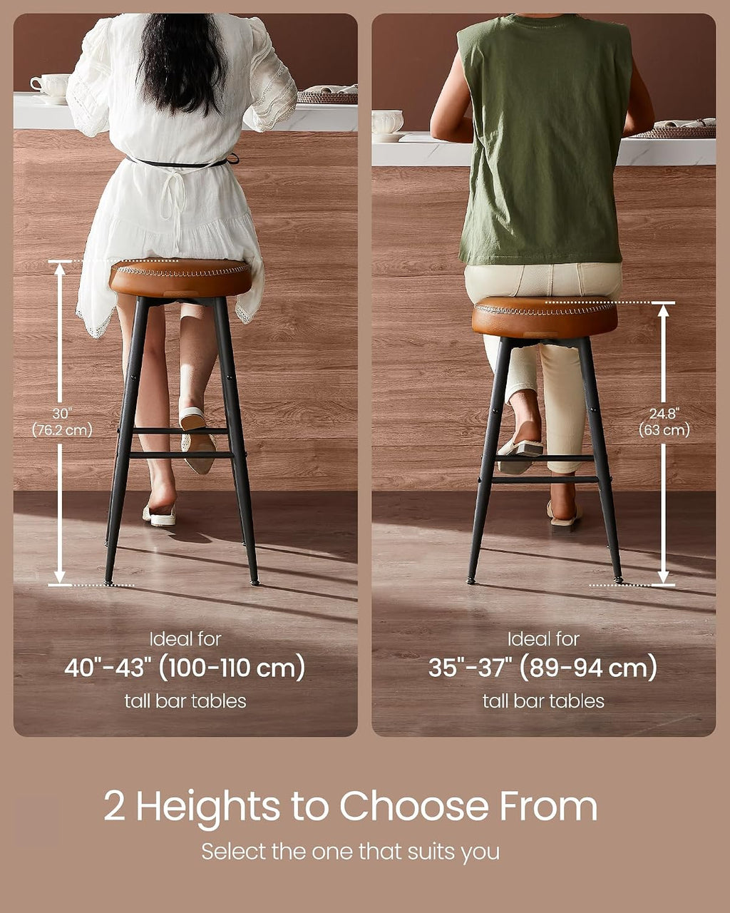 VASAGLE Bar Stools Set of 2, Kitchen Counter Stools, 24.8-Inch Tall