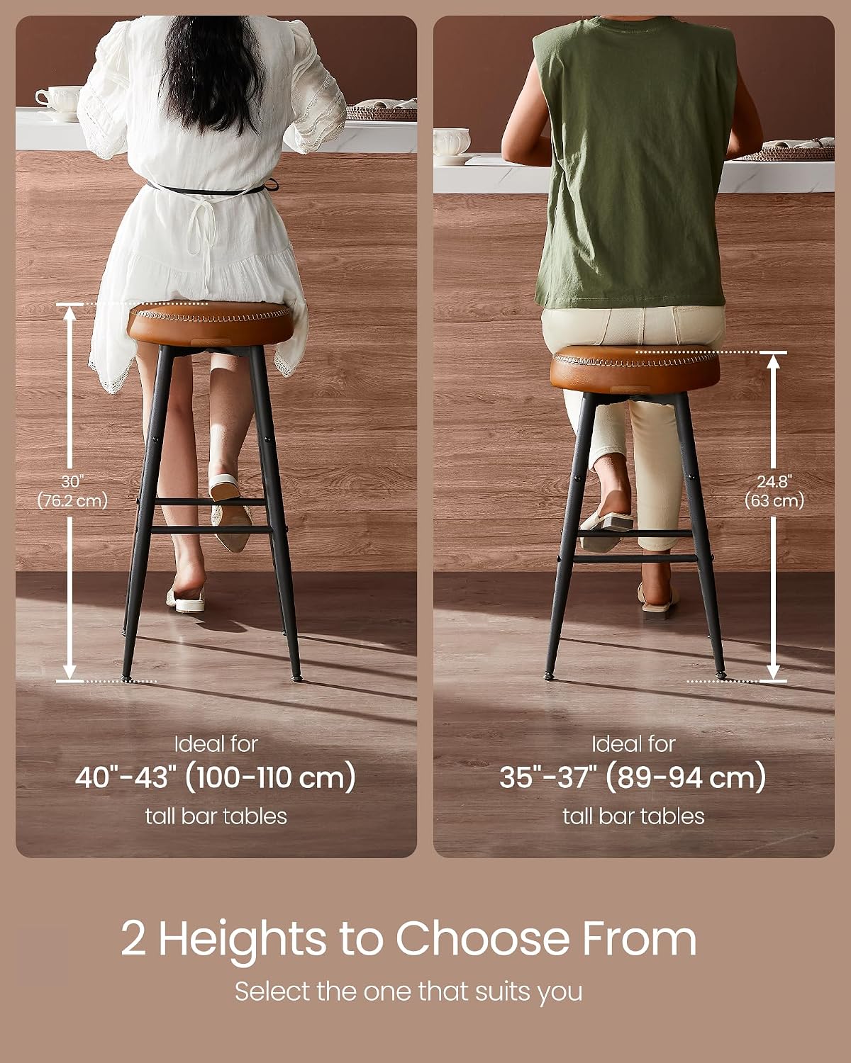 VASAGLE Bar Stools Set of 2, Kitchen Counter Stools, 24.8-Inch Tall