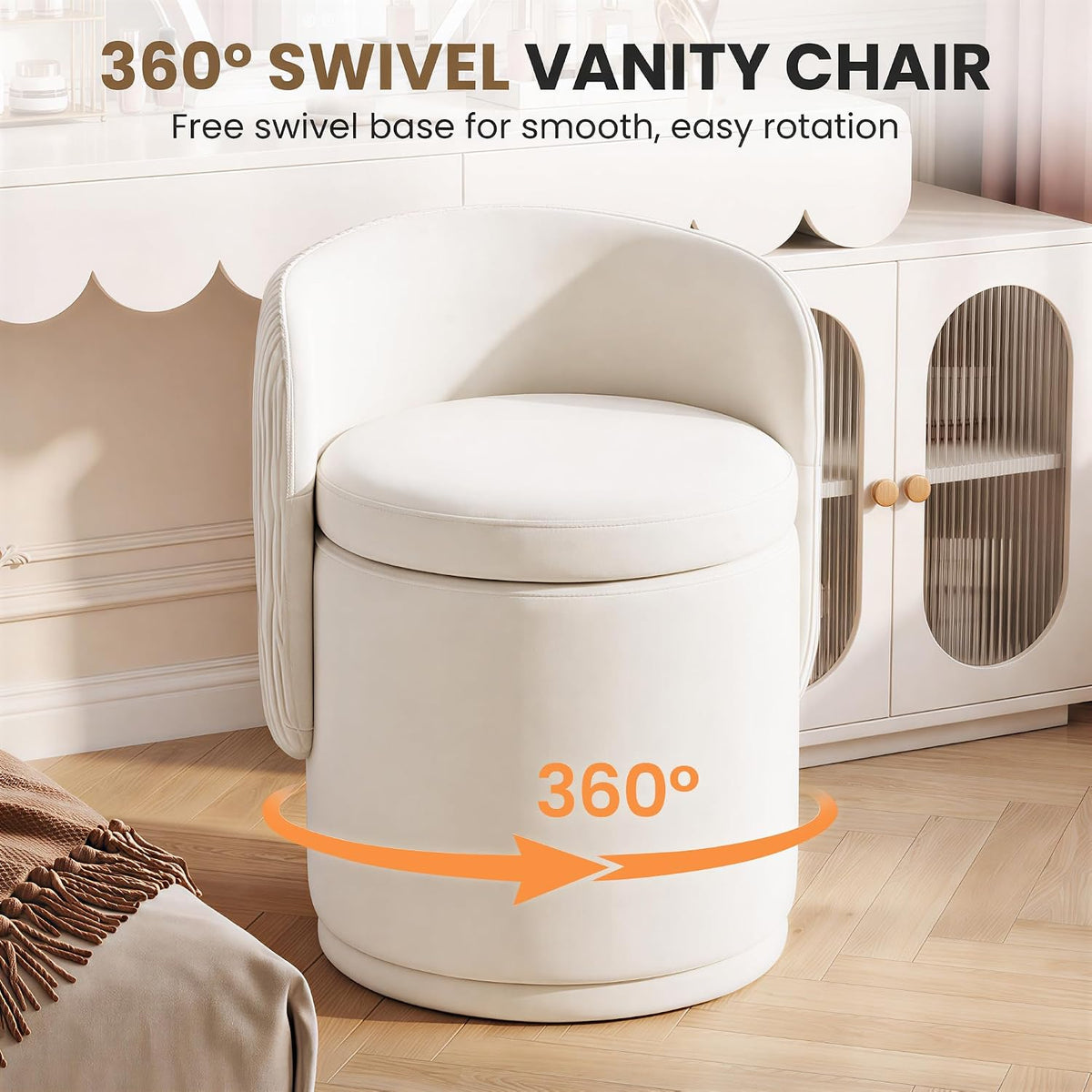 MALOL 360° Swivel Velvet Vanity Chair with Storage, Beige