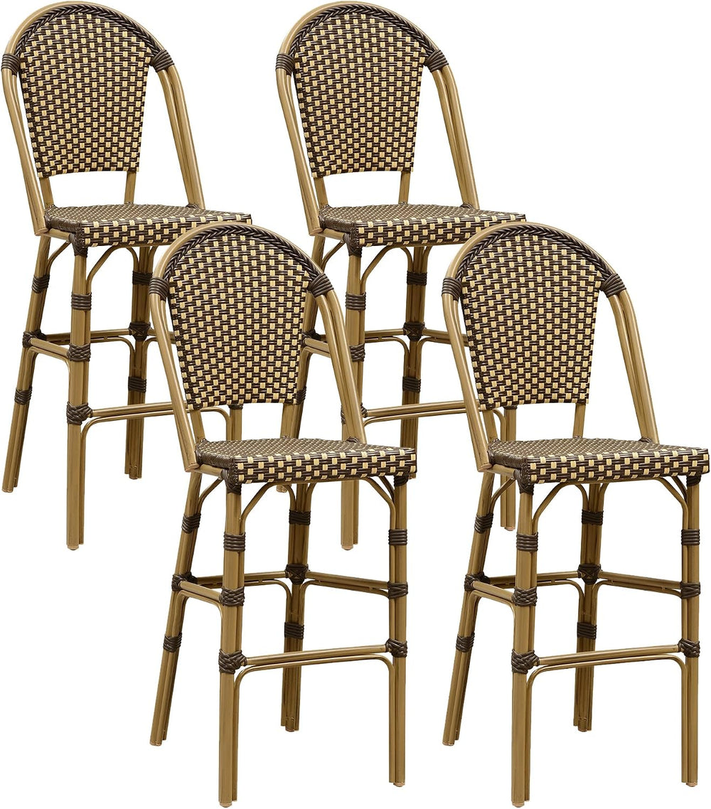 PURPLE LEAF Bar Stools French Rattan 30" Set of 4 High-Back, Brown