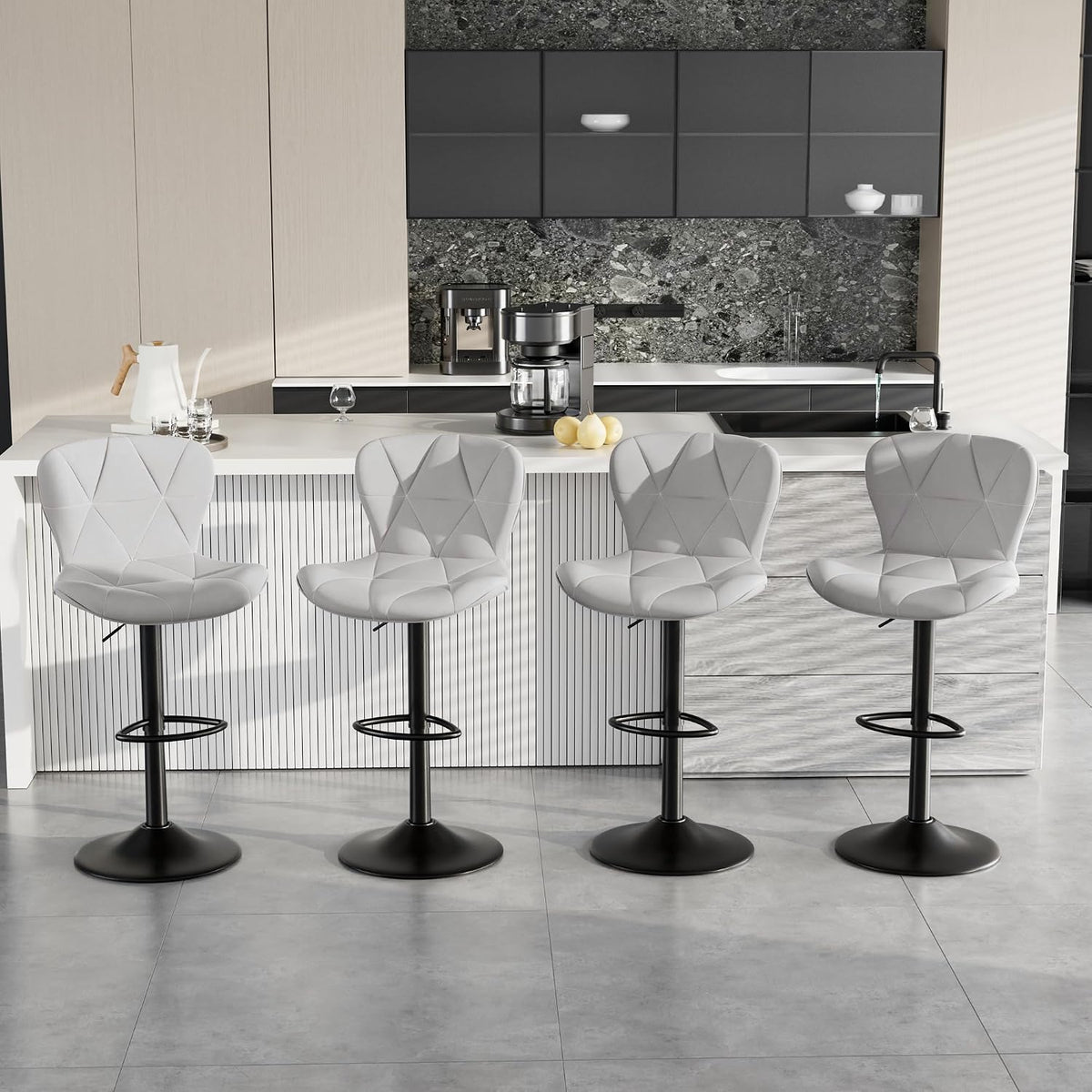 Bar Stools Set of 2,Faux Leather Bar Chairs,Upholstered Counter Height with High Backrest for Kitchen Island, Light Grey