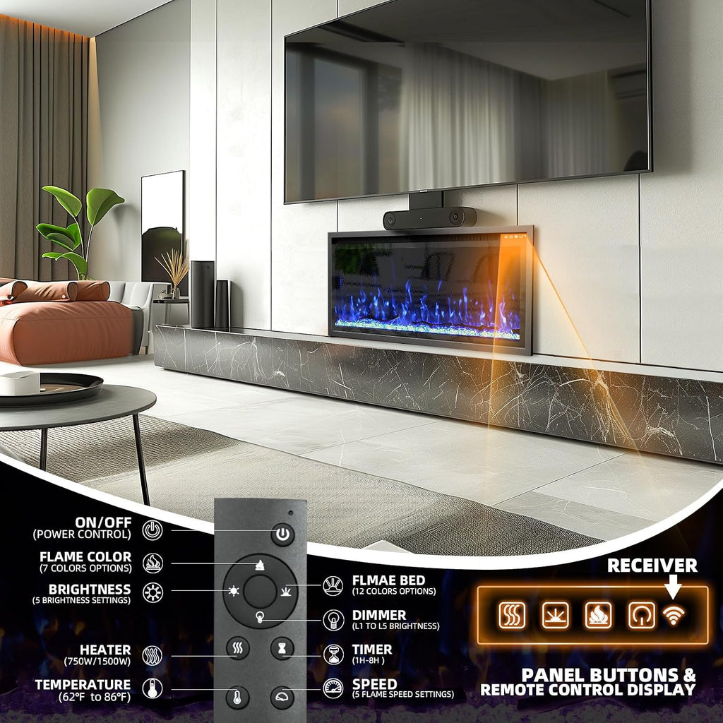 Kucreiheat 42 Inch Electric Fireplace Aluminum Frame-Ultra Silm Fireplace Recessed/Wall Mount, Log, Driftwood & Crystal Option, Wall Fireplace Electric w/Remote Control, Thermostat, Timer, 750w/1500w