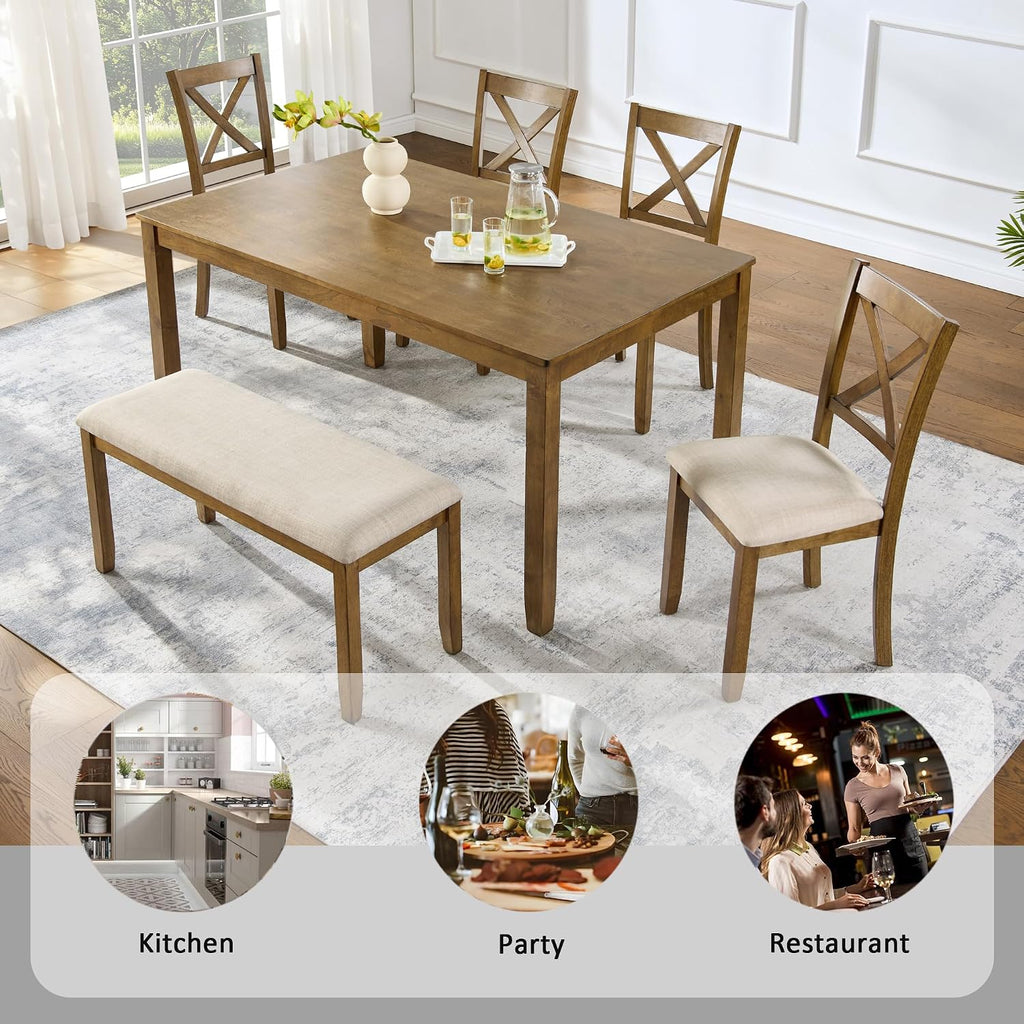 Merax 6-Piece Wood Kitchen Dining Table Set, 58.5" Rectangular Table with 4 Upholstered Chairs & 1 Bench, Rubberwood Legs Modern Elegant Farmhouse for Kitchen Room, Oak