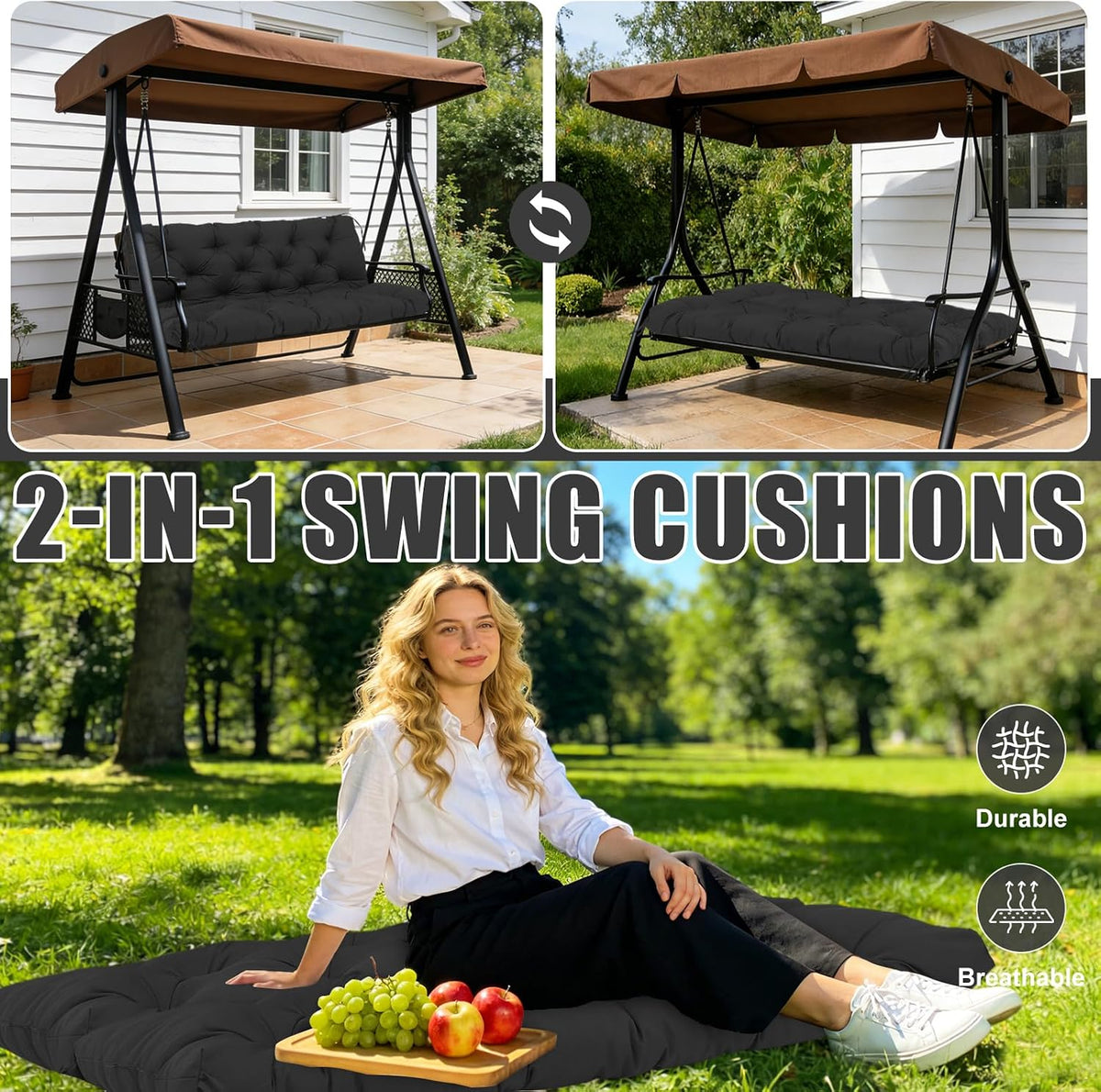 40" Porch Swing Cushions Outdoor, 5" Thick Waterproof 2-3 Seater