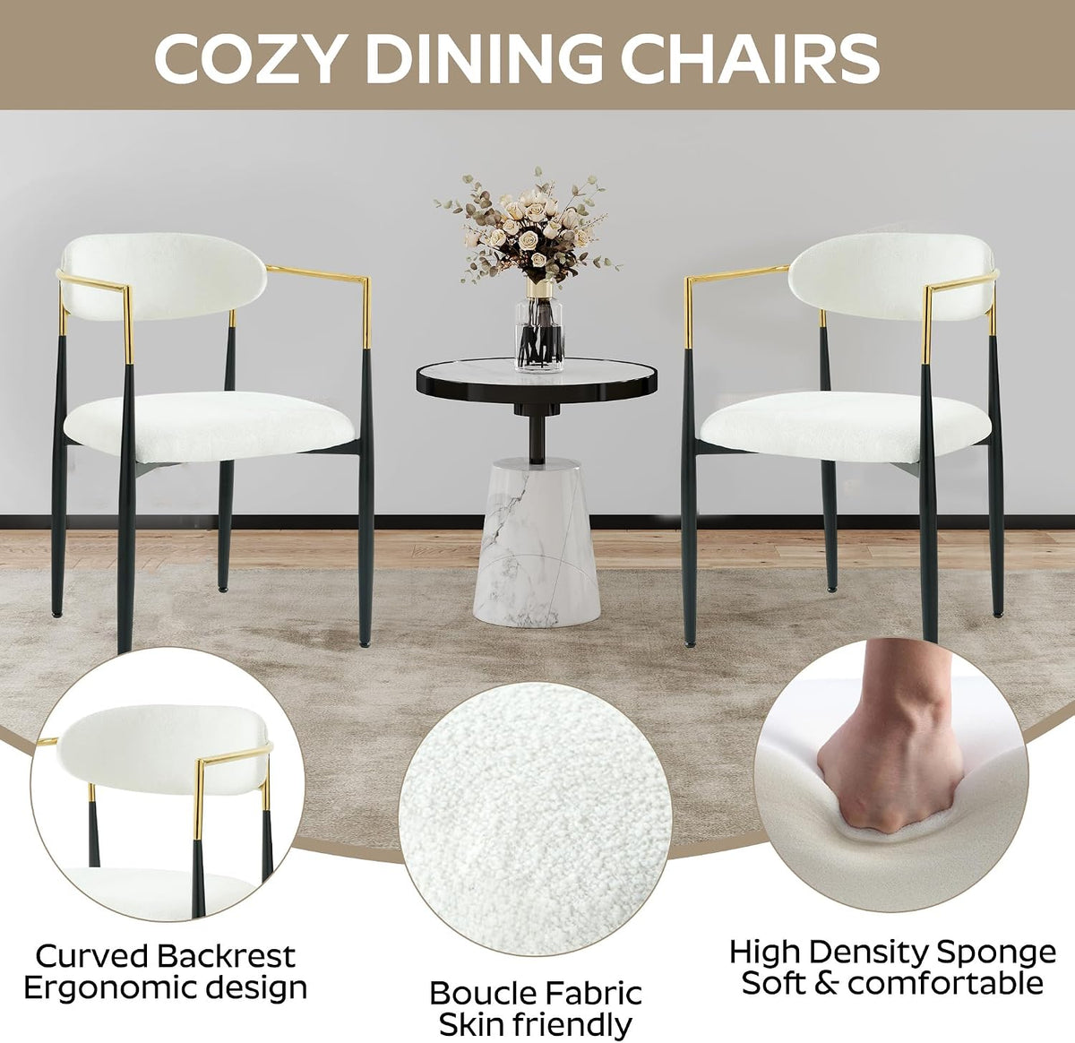 Baysitone Dining Chairs Set of 4 Mid-Century Modern Upholstered Boucle Dining Room Chairs Open Back Curved Backrest Black Metal Legs Gold Armchairs for Kitchen Living Room, Cream White(Only Chairs)